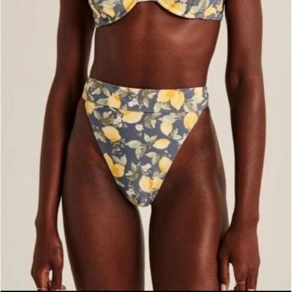 Abercrombie & Fitch Lemon Print High Leg Cheeky Bikini Bottom sz M - Picture 5 of 7